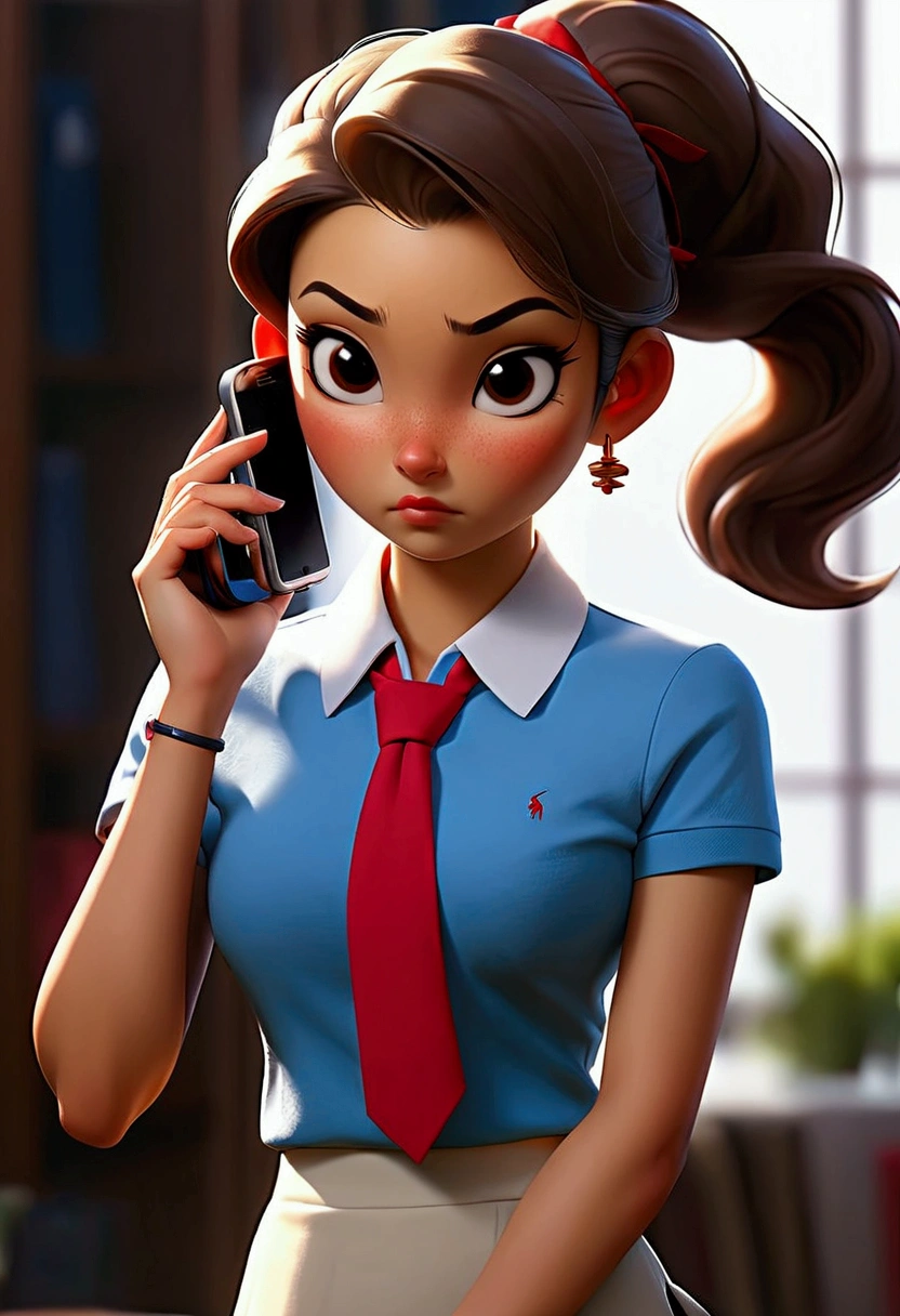 Asian woman, pony tail, blue polo, white shirt inner, red tie, short skirt , holding phone