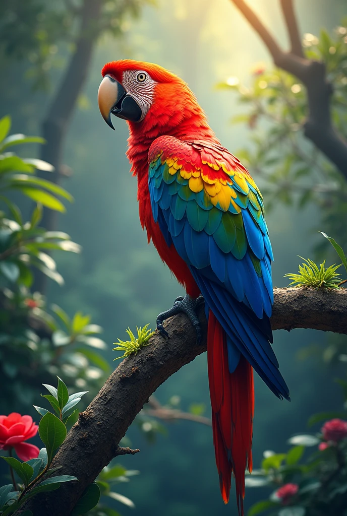 8K Hd, Realisti , Bali island Vilage、Flat Design,(masterpiece:1.2)、high quality、High resolution、Very detailed、(Amazingly absurd:1.2)、break,Bird with rainbow feathers、Colorful background、Beautiful light effects、Fantastic landscape