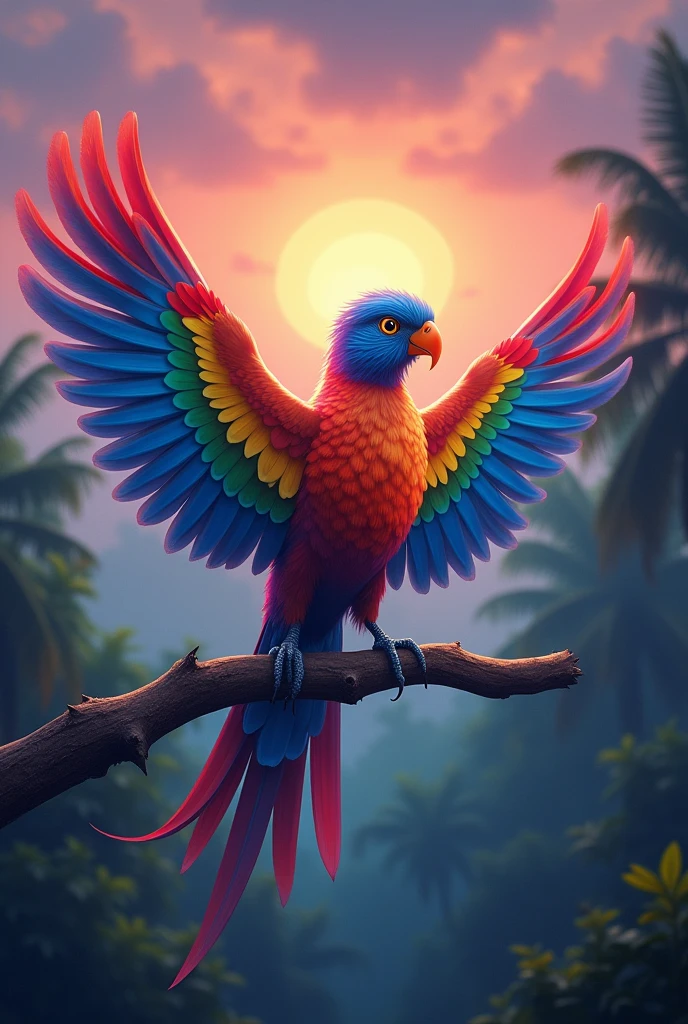 8K Hd, Realisti , Bali island Vilage、Flat Design,(masterpiece:1.2)、high quality、High resolution、Very detailed、(Amazingly absurd:1.2)、break,Bird with rainbow feathers、Colorful background、Beautiful light effects、Fantastic landscape
