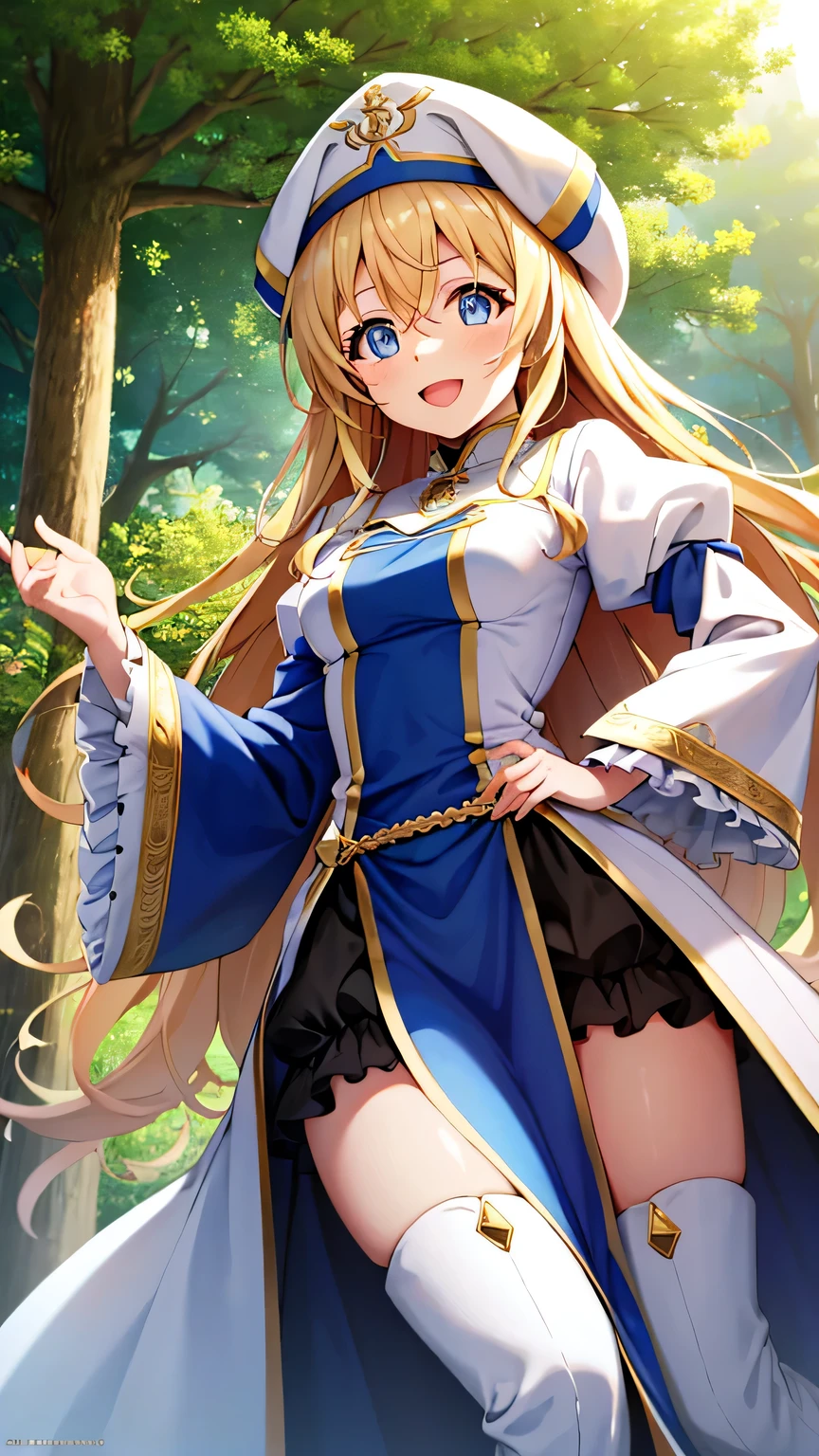 {{{masterpiece}}}, {{{best quality}}}, {{ultra-detailed}}, {illustration}, {{an extremely delicate and beautiful}}, (beautiful detailed eyes:1.6), extremely detailed face, 16k, anime face, priestess(Goblin Slayer!), cute face, aapri, blonde hair, blue eyes, long hair, hair between eyes, medium breasts, thin waist, big hips, curvaceous, BREAK, white headwear, white dress, frilled sleeves, frills, long sleeves, puffy sleeves, blue pelvic curtain, white robe, black mini skirt, ruffle skirt, thighhighs, white thigh boots, high heels, BREAK, smiling, looking at viewer, open mouth, flushed cheeks, flash effect, outdoor, mountain, daytime, forest, flower garden, field, sunshine, peer in from below