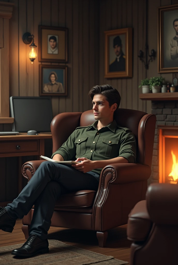 A handsome young soldier sitting in his cabin