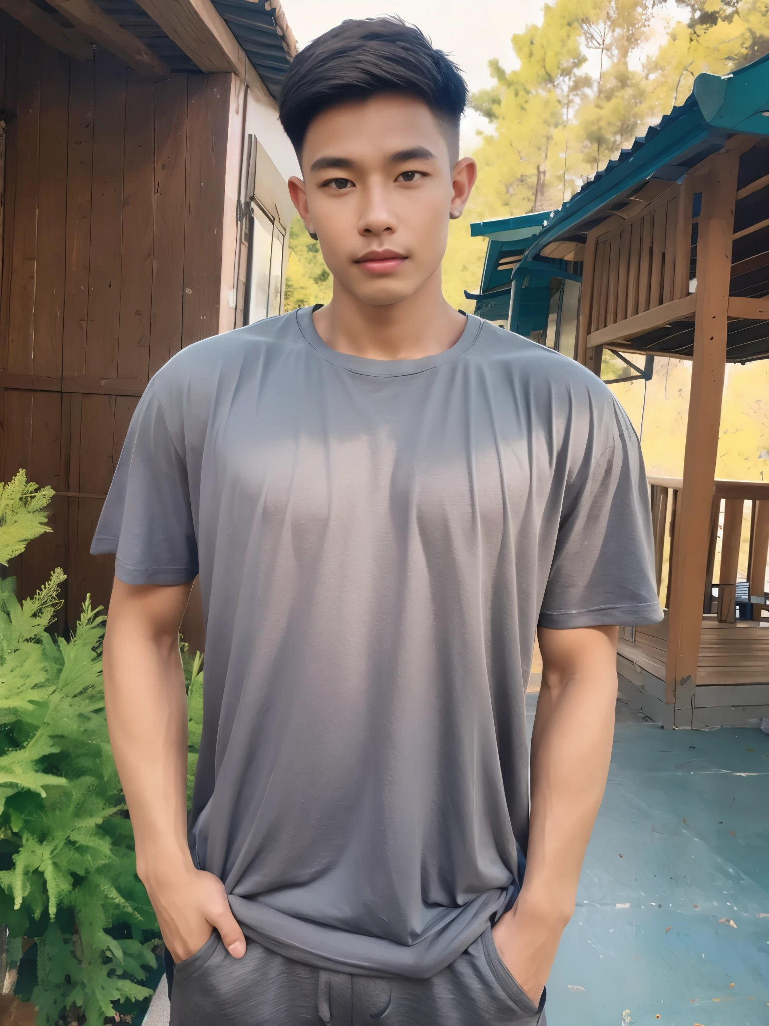 armface , Handsome young man standing, teeth showing, (have a mustache:1) ,(buzz cut:1.1), (short hair:1.2), The forearms are muscular., (Tight T-shirt:1.5),(Grey shirt:1.5),pants