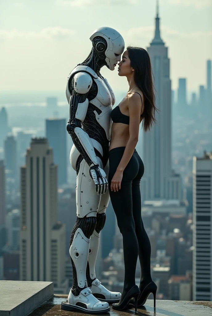 Sexual relationship between a male cyborg and a female cyborg on the roof of a skyscraper, high quality, best quality, absurdres, masterpiece, beautiful, intricate details, 1/2 body crop, slim body, beautiful figure, magnificent anatomy, (intricate details:1.12), HDR, (intricate details, hyper-detailing:1.15), (natural skin textures, hyper realisitc, soft light, Sharp:1.2)