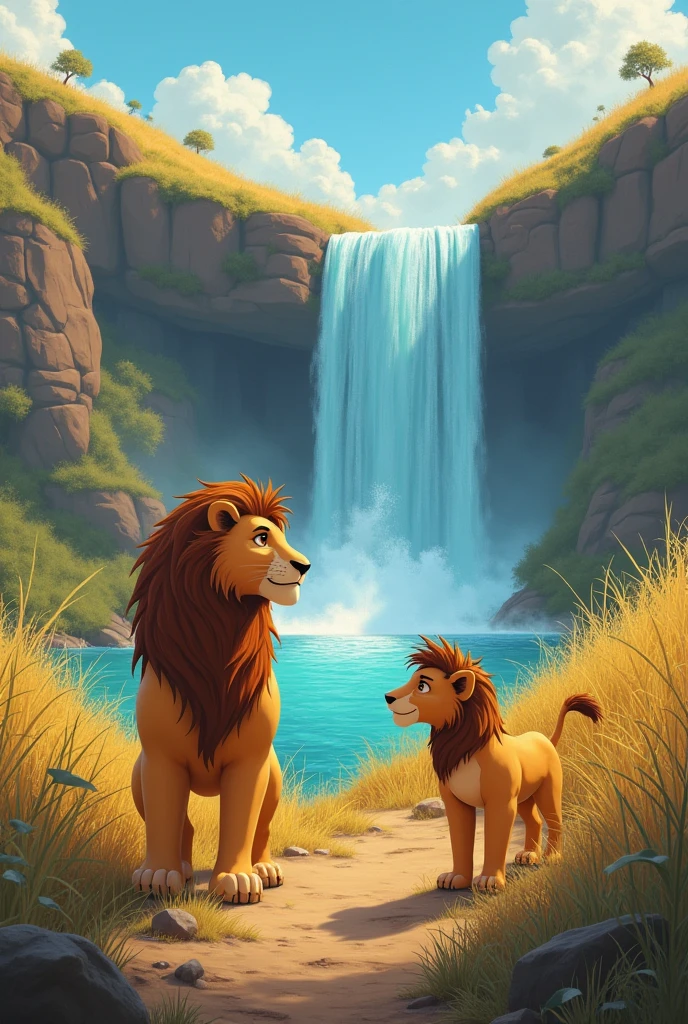 Title: The Roaring Brotherhood
Once upon a time in the vast savannah of Zamboor, there lived two lion brothers named Leo and Lenny. Leo was the elder, strong and majestic, with a thick golden mane that flowed like the sun’s rays. Lenny, the younger brother, was smaller, fluffier, and had a mischievous twinkle in his deep brown eyes. Though they were different in size and strength, they shared an unbreakable bond and an adventurous spirit that made their days in the savannah unforgettable.
One sunny morning, as golden rays spilled across the savannah, Leo and Lenny were lounging under the shade of a baobab tree, dreaming of their next adventure.
“I heard there’s a hidden waterfall at the edge of the Great Valley,” Leo announced, his voice resonating like distant thunder. “They say it sparkles like diamonds in the sunlight!”
Lenny’s eyes lit up. “Let’s go find it! Imagine all the fun we could have splashing in the water!”
Without missing a beat, the brothers set off, their hearts racing with excitement. They climbed over rocky hills, dashed through tall grass, and even made friends with a curious gazelle named Gina who offered them directions.
As they approached the Great Valley, the sounds of rushing water grew louder, filling their ears with delightful anticipation. “We’re almost there!” Lenny shouted, bounding ahead.
Suddenly, Leo stopped dead in his tracks. “Wait, Lenny!” he cautioned. “We need to be careful. There are rumors of a fearsome crocodile lurking near the waterfall.”
“But I want to see it!” Lenny insisted, his excitement bubbling over, making him forget the caution instilled in him by his brother.
“Let’s think this through. How about we sneak around and take a look first?” Leo suggested, using his experience as the older brother to guide Lenny.
They stealthily approached the waterfall, hiding behind large rocks. When they got their first glimpse, their mouths dropped open in awe. The waterfall cascaded down the rocks, showering a pristine pool
