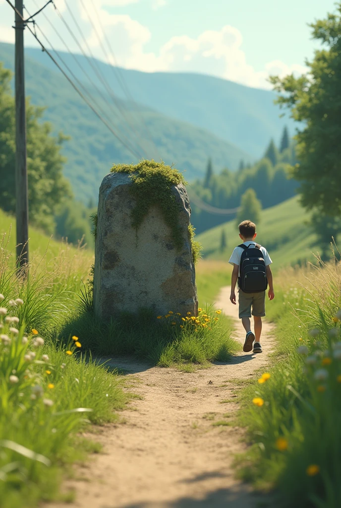 A boy walking to school tbrough a path sees a big stone in path