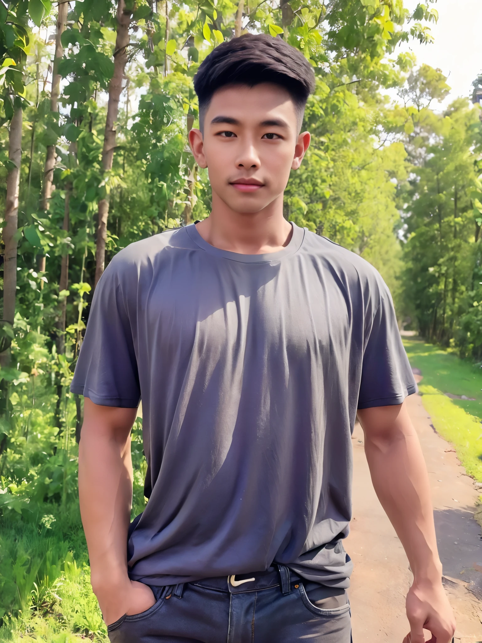 armface , Handsome young man standing, teeth showing, (have a mustache:1) ,(buzz cut:1.1), (short hair:1.2), The forearms are muscular., (Tight T-shirt:1.5),(Grey shirt:1.5),Jeans, Big muscles, Handsome and muscular, full body angle, (Countryside house, rice fields, eucalyptus trees :1.1), natural light