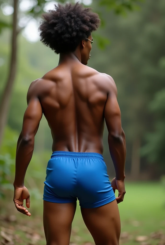 a 40 yo Naked muscular bodybuilder black African American man with big penis, very handsome, scruffy, standing in front of the shower, his back facing the camera showing his big butt, in a 1990s cabin house in fire island, inspired by 1950s vintage art poster style, gay art, seductive, detailed facial features, HDR, retro vintage poster