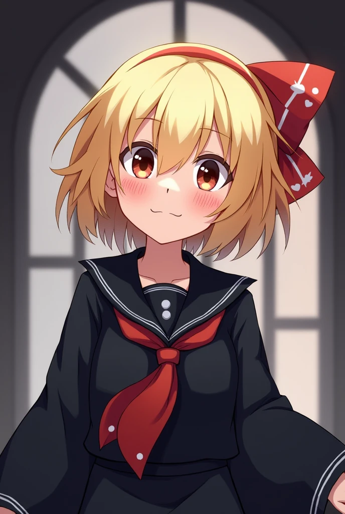 Touhou Project Rumia is cute Yellow Hair Only one, a red ribbon on one side of her hair, something like a black sailor suit, no hat Short Hair mysterious