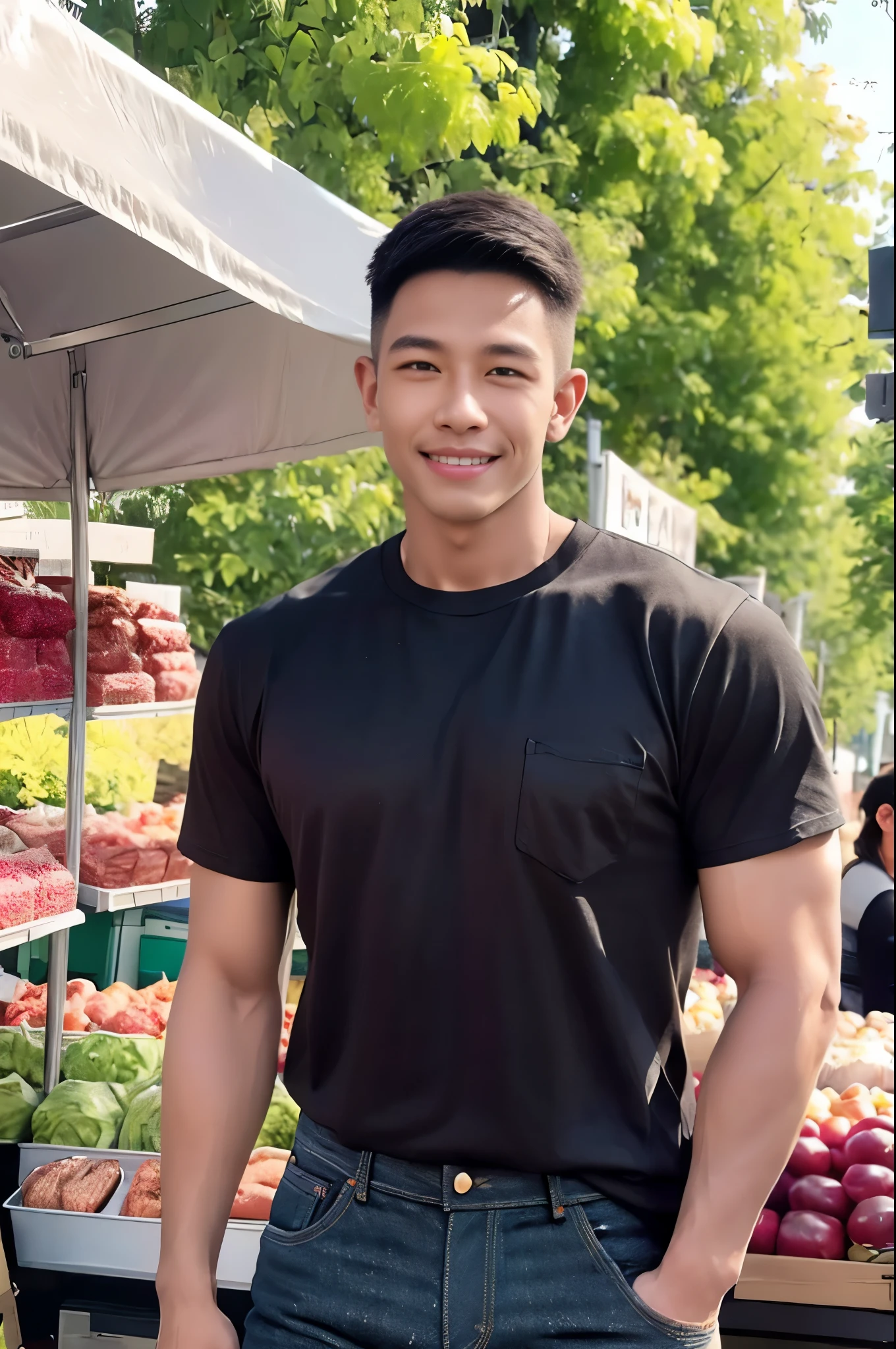 Handsome young man smiles, showing teeth, (have a mustache:1) ,(buzz cut:1.1), (short hair:1.2), The forearms are muscular., (jeans shirt:1.5), (black shirt:1.5),Jeans, Big muscles, Handsome and muscular, full body angle, (outdoor market:1.3), natural light