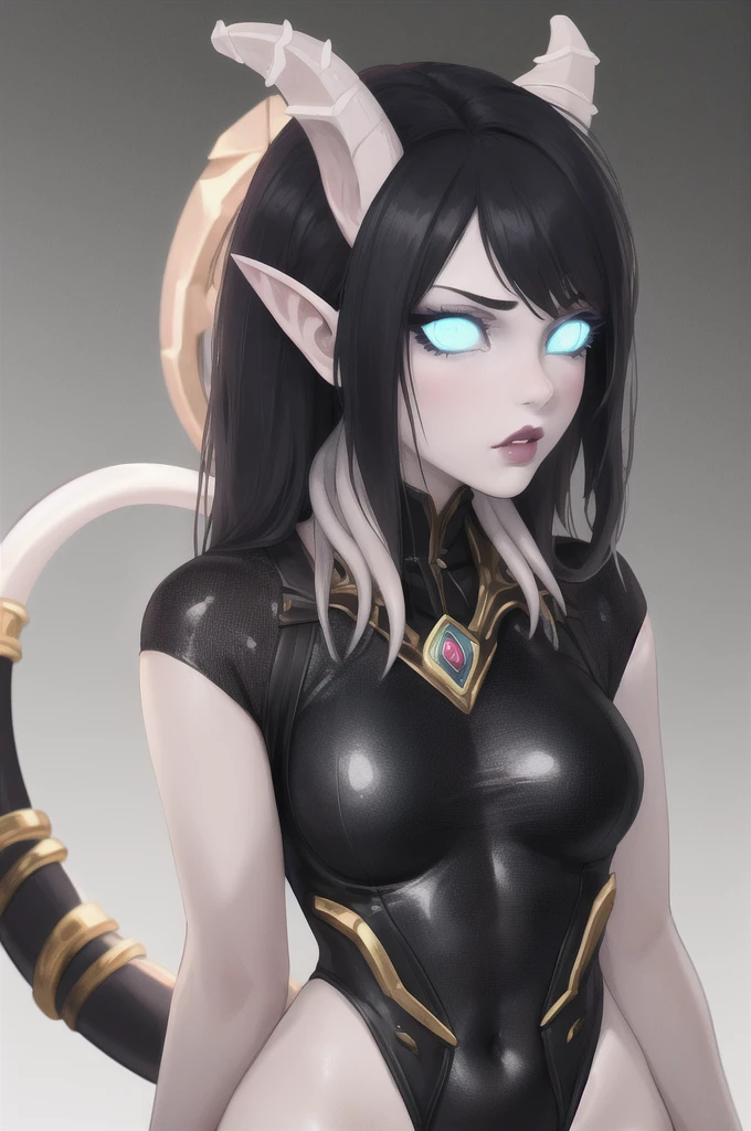 masterpiece, best quality, 1girl, solo, draenei, glowing eyes, colored sclera, tail ornament, hooves, white skin, blue eyes, black hair, silver pouty lips, leotard, (tentacle hair:0.8), close-up, upper body, hair ornament