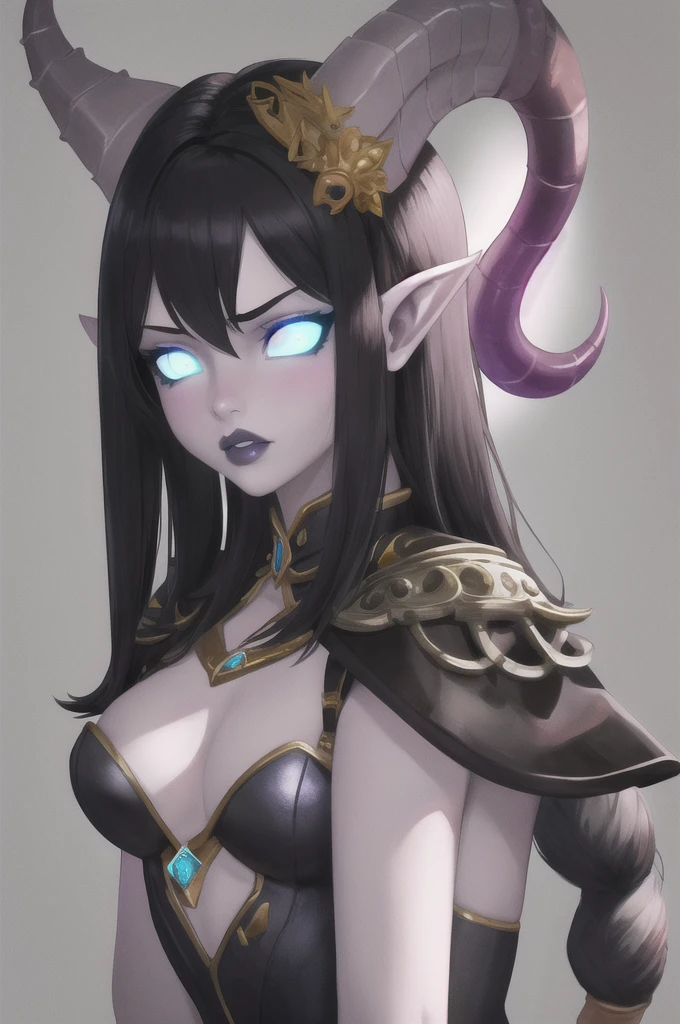 masterpiece, best quality, 1girl, solo, draenei, glowing eyes, colored sclera, tail ornament, hooves, white skin, blue eyes, black hair, silver pouty lips, leotard, (tentacle hair:0.8), close-up, upper body, hair ornament