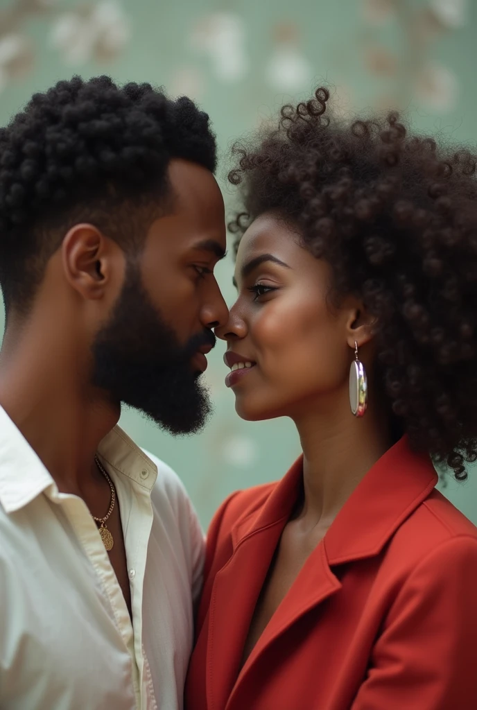 A full body shot photo of a white man in love with an Ethiopian woman. Show a Nordic woman seething in the background gazing at the pair. Fill the photo full of stereotypes, highlighting female Ethiopian superiority over Nordic women.