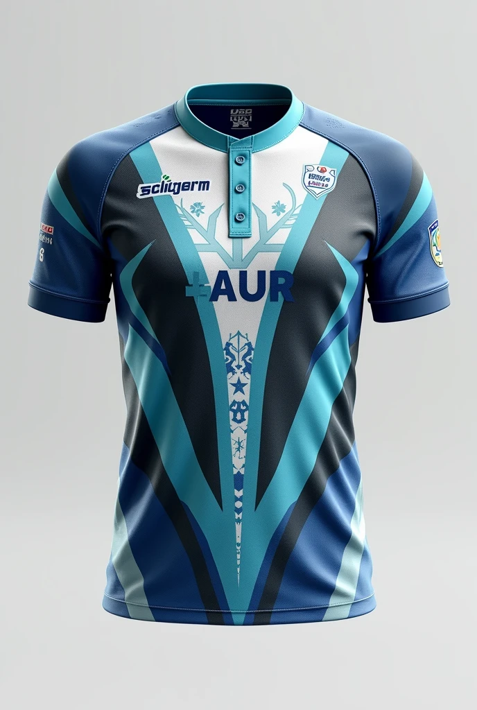"Design a collared, 3-button neckline. The center front should feature the word 'AUR'. On the back, center the player's name above their role. Use a color of blue, teal, gray, black, and white. The design should incorporate a Little bit of slash geometric shapes, wind-like slashes, and a lot of snowflakes pattern at the front.