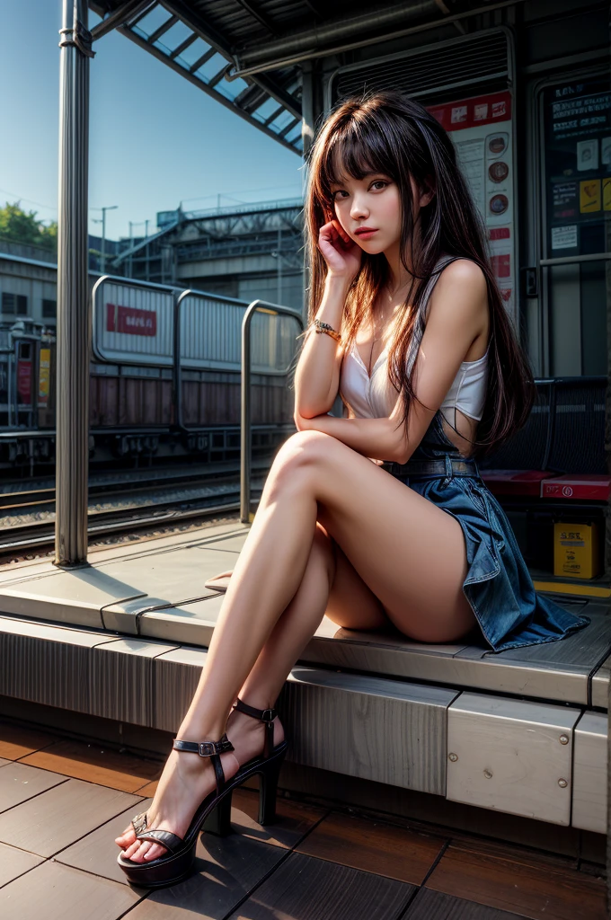 (araffe woman sitting on a bench at a train station with her legs crossed, a photorealistic painting by Yuumei, pixiv, graffiti, beautiful anime girl squatting, seductive anime girl, attractive anime girl, beautiful anime girl, beautiful alluring anime woman, anime girl in real life, the anime girl is crouching, beautiful anime woman, pretty anime girl, beautiful alluring anime teen, anime girl, anime girl cosplay, red high-heels, long black hair). Masterpiece, best quality, 8K, photo realistic, wallpaper, wallpaper 8k, photographic contest winner, Hyperrealistic art cinematic film still photography in the style of detailed hyperrealism photoshoot. [Entire scene is surrounded by lights, evoking a magical and eerie atmosphere. The lighting is bright and atmospheric, with smoke adding a touch of sinister ambiance. Best quality image, HDR enhancement, showcasing the utmost level of detail and realism, full body shot:1.5]. [8K, Best Quality, Ultra High Resolution, (highly detailed CG unity 8k wallpaper), (best photo), (best shadows), isometric 3D, octane rendering, ray tracing, highly detailed, (Best quality, 4K, 8k:1.2), absurdity, ultra detailed, (realistic, photorealistic, photorealistic:1.37), complex parts, HDR, (complex parts:1.12), (hyper detailed, hyper realistic, Soft lighting, spicy:1.2), (complex parts, Hyper detailed:1.15). Blurred foreground. (backlit), masterpiece, high quality, brightness, chromatic aberration, foggy smoke, shadows, contrast, clear sky, (warm hue, warm tone), high details, natural reflections].