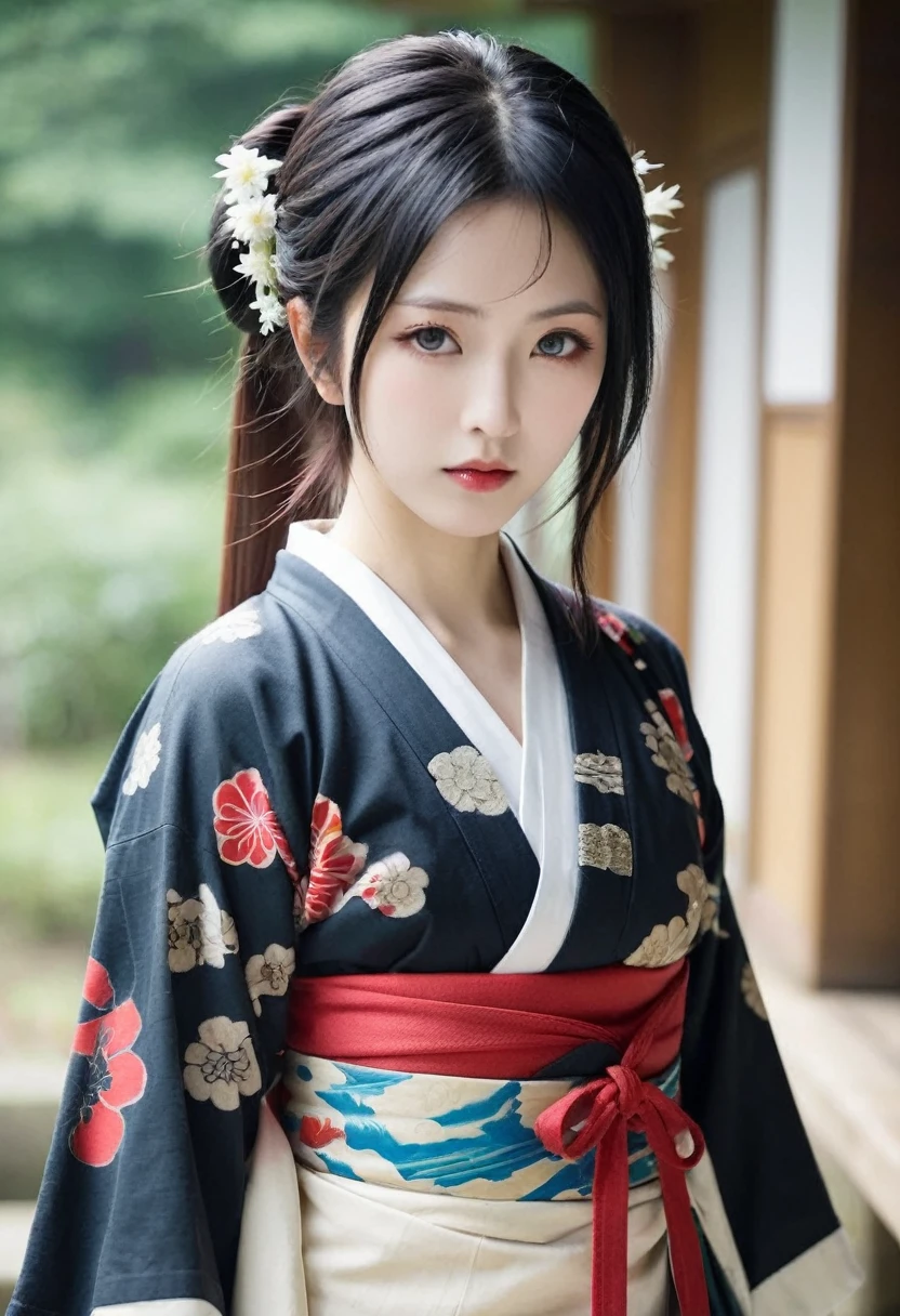 (Japanese sword &reference;Muramasa 2&reference;.2)Beautiful 27 year old woman、Japanese women、Tie your hair back、Hair ornament artist、Shinobi Costume、Warrior、Clear Eyes、{Arm tattoo(SakuraFubuki}'Back Tattoo、Warrior、(Japanese swordを両手で構える、1.3)(Japanese sword1.2)Intermediate position、In front of the body、(Hold the sword horizontally 1.3)、whole body、Long Blade Sword、Realistic battle scenes、敵Warriorの返りBlood、Blood、High resolution、Highest quality、Very detailed、8k、background、The castle is burning、Sparks fly、