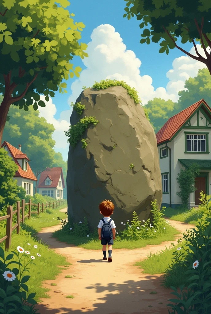 A boy walking to school tbrough a path sees a big stone blocking the path