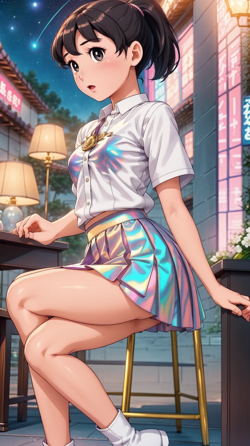 1girl light skin, small breasts,that highlight her facial features, with short hair, ponytail andblack hair,shizuka,hot, silver shirt, Underneath the shirt she wears another tight shirt, with details in vibrant colors reminiscent of the stars and planets of outer space, and a blue skirt high-top boots with non-slip soles,