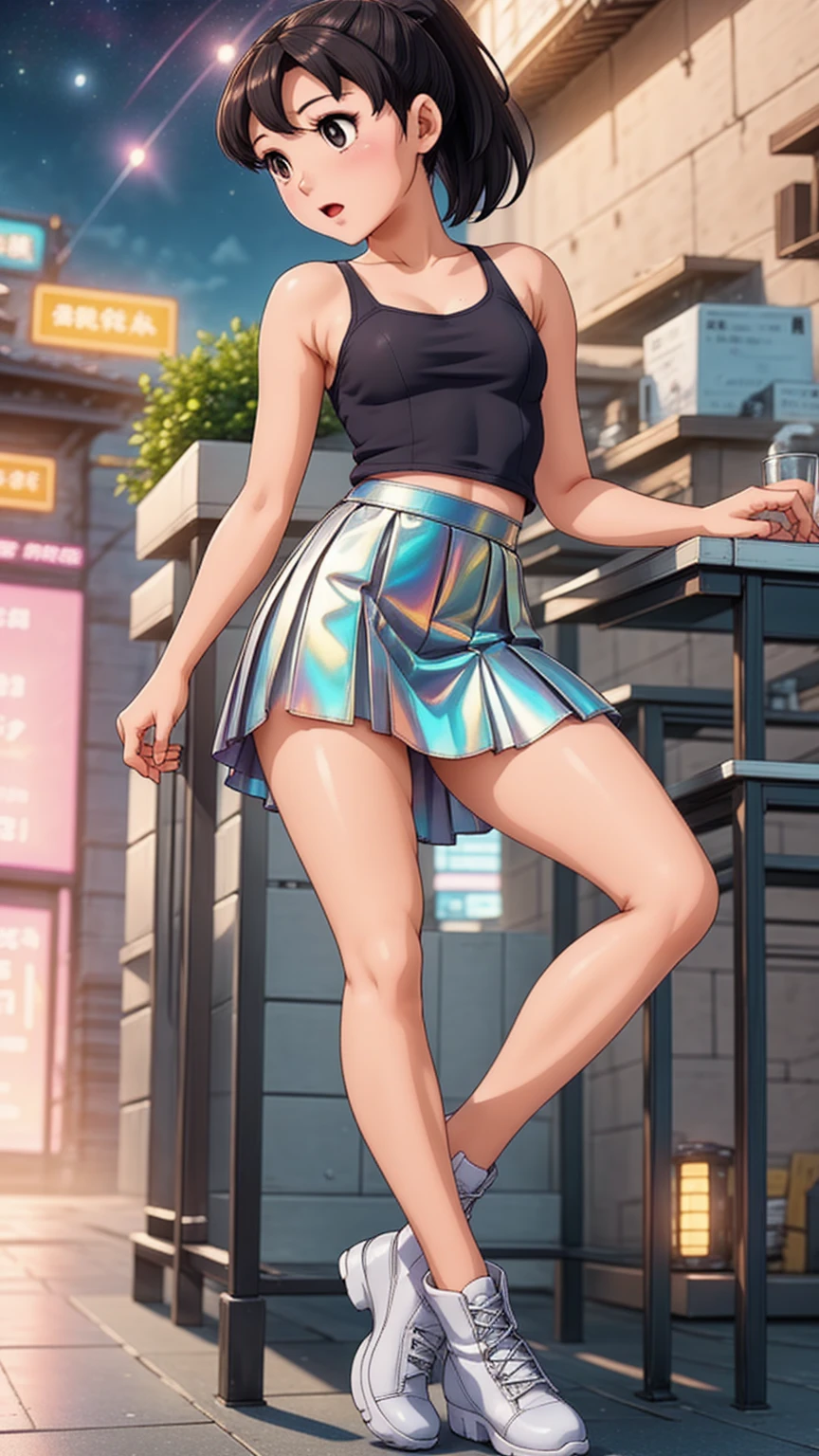 1girl light skin, small breasts,that highlight her facial features, with short hair, ponytail andblack hair,shizuka,hot, silver shirt, Underneath the shirt she wears another tight shirt, with details in vibrant colors reminiscent of the stars and planets of outer space, and a blue skirt high-top boots with non-slip soles,