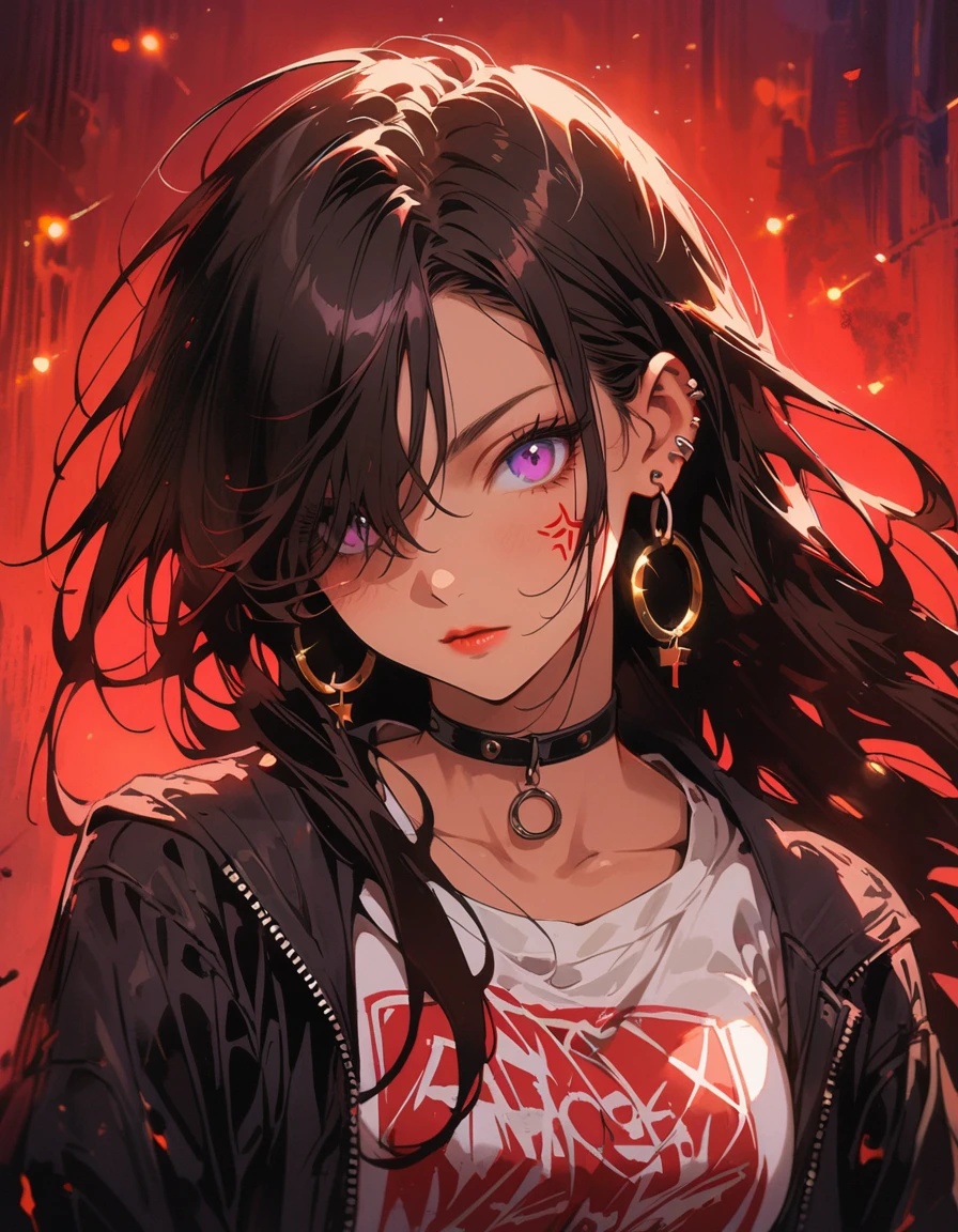 Hair above one eye, Purple eyes, Clear Eyes, choker, Neon Shirt, Torn legwear, Open jacket、Blue pubic hair,Bright red background、Red background, graffiti, Shineing grafiti, Shineing tattoos, Shine, Neon Light, Black light,Anime Style, movieポートレート写真, 1 female, 22 years ago, Whole Body Ezbian,Big and ample breasts, anger, (Scarlet Hair), Long Hair, Purple eyes, Wearing a short black dress, (Natural skin texture Sharp details, Surreal, (Realistic eyes, Natural skin texture, Realistic facial details), Soft and dramatic lighting, Written boundary depth, Bokeh, Sharp details, Surreal, 35mm movie, Absent-minded, movie,lipstick, ear piercing, eye shadow, Hoop Earrings, Red pink lips, Colorful red eyes, Red background,Beautiful Eyes,Bold Pose、Strike a Pose,Top ponytail,drooping bangs,Droopy eyes、((school uniform))、high school girl