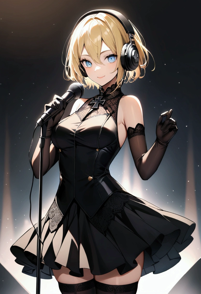 slender, mature female,1girl, microphone, rating:safe, solo, thighhighs, gloves, blonde_hair, black_gloves, skirt, black_legwear, short_hair, cowboy_shot, sleeveless, smile, looking_at_viewer, blue_eyes, headphones, bare_shoulders, standing, holding, zettai_ryouiki, hair_between_eyes, microphone_stand, dress, bangs, holding_microphone, black_skirt,  lace, breasts, frills, elbow_gloves, black_dress, iron_cross, 