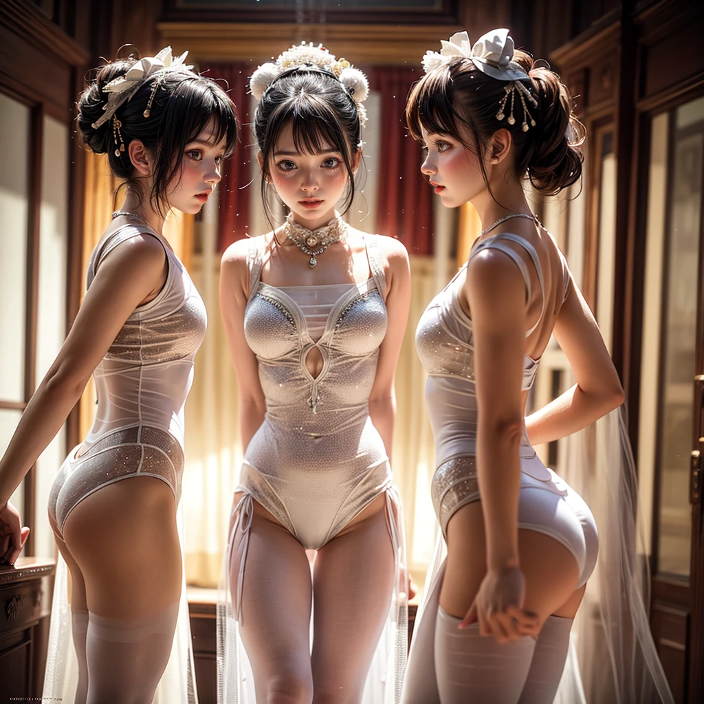 SFW, ExtremelyDetailed (((Kawaii Ballet Girls Group in a row:1.37))), Childish perfect face, Reflective Eyes, Detailed(Delicate Clothing textures), Corrected Leg Line, Corrected Childish Hand, Correct limbs, Dynamic Joyful Expressions LifeLike Rendering, ((Specular Reflection:0.8)), TopQuality 8K Ultra-detailed masterpiece (ProfessionalPhoto:1.37), (Acutance:0.8), (Luminism:1.28), (Light particles:0.75), (Muscle:-0.5), facing away (from side ) (Clearly visible Beautiful hip shape)
