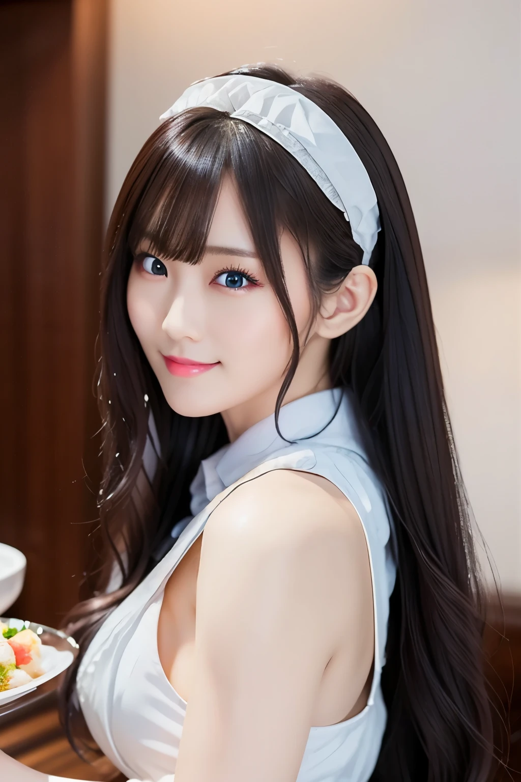 Masterpiece(1.4)，Highest quality(1.5)，Highest quality，8k、16K，wallpaper，Ultra-high resolution，Extremely detailed，Japanese，Beauty，sexy，glamorous，Perfect Style，maid，(Serving food at the table)，