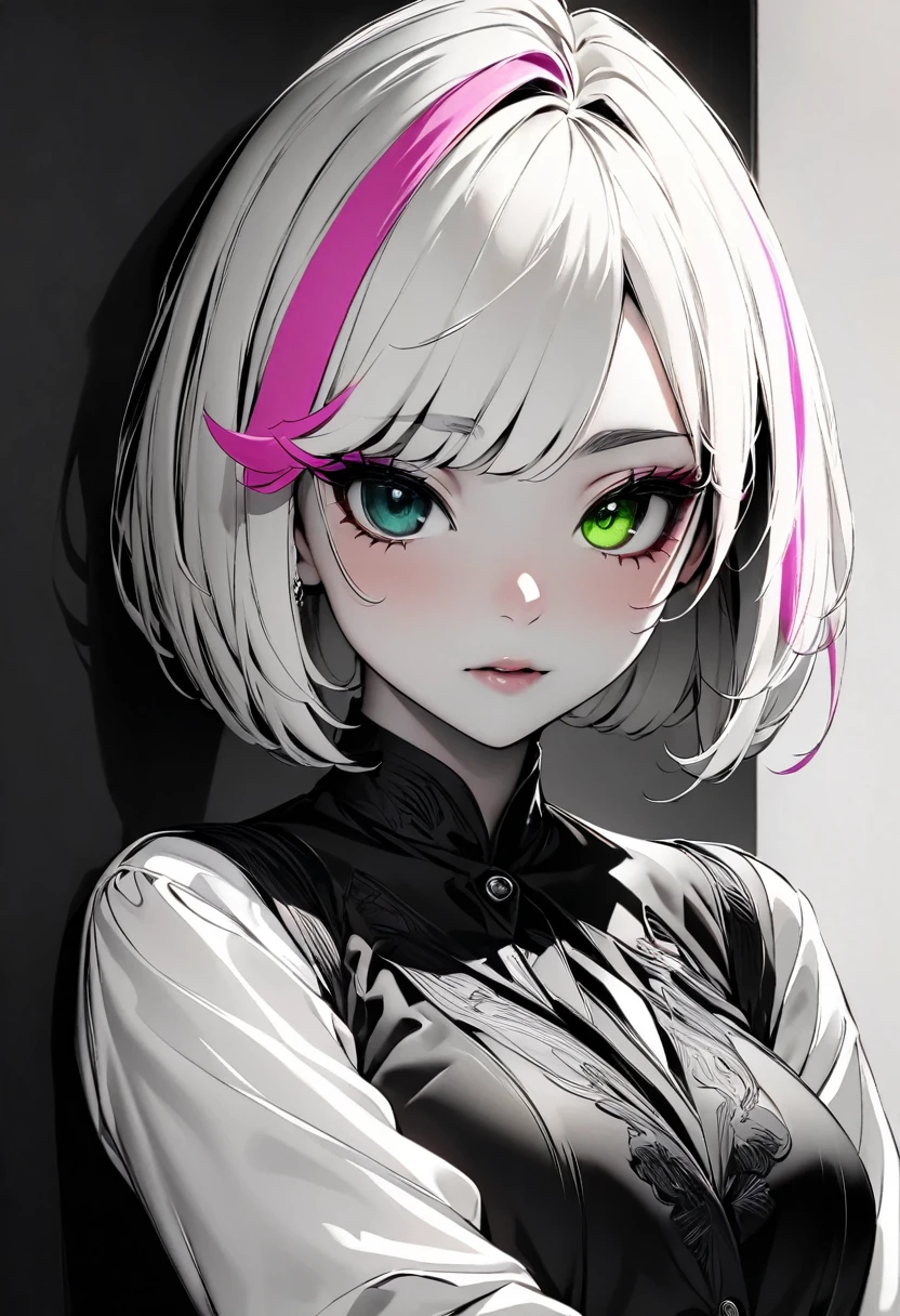 (highest quality:1.2, Very detailed, up to date, Vibrant, Ultra-high resolution, High Contrast, masterpiece:1.2, highest quality, Best aesthetics), Portraiture、girl、solo, (25-years-old:1), slim, heterrochromia, green eye, red eye, Bright colors、Beautiful fine details、Beautiful lip detail、extra short hair, ((bob cut:1.5))、pink and purple, ((streaked hair:1.9)), (highlights hair: 1.6), black Kebaya, (medium breast:0.7), (tan skin:0.5), standing, (Floral Fineline tattoo design on left arm:1), ((Plain white background:1.6)), lineart, ((monochrome:1.7)), (upper body:1.5), clean line drawings,