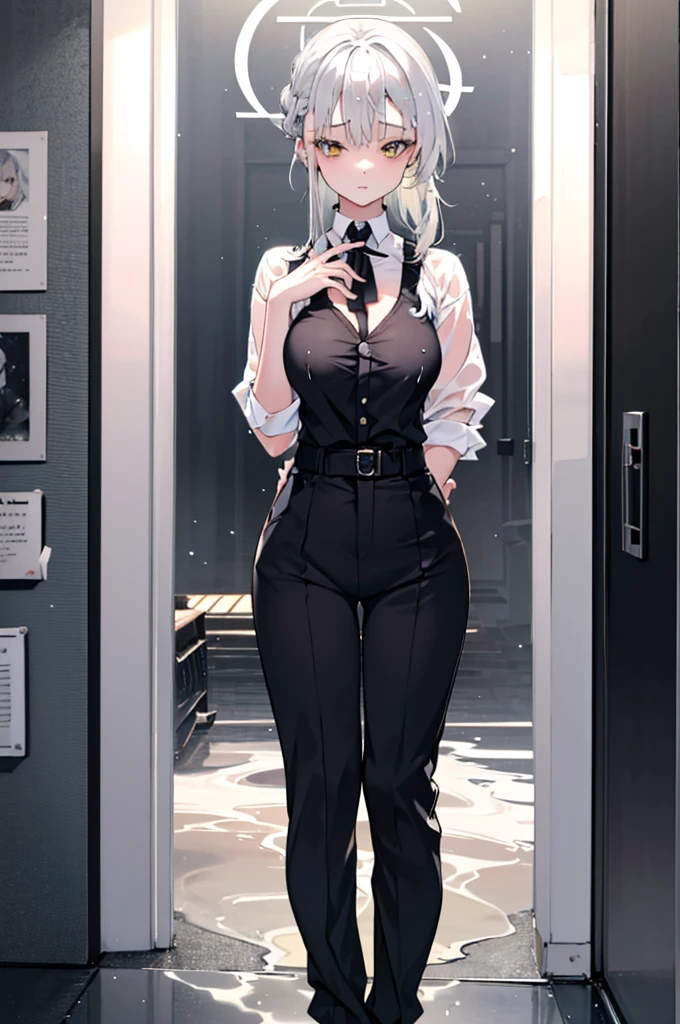 1girl, Silver hair, yellow eye, single braided hair, wet white collar shirt, no pants, big ,very sexy, hot, beautiful, pretty, lustful, arm crossed, transparent clothes, doing sexy poses, strikingly, personality: ((a girl that is very gentle and confident and Horny and Lovely And Beautiful))