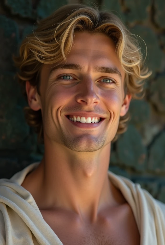 27 years old. man, Roman, blond hair, blue eyes, White, smooth skin, languid eyes, bust, A lazy smiling expression