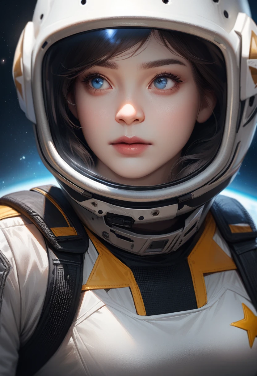 One girl,alone,Full Face Helmets,I can see your face through your helmet ,blue eyes,Hairless,No Face,White bodysuit,Combat Uniform、Cowboy Shot,In space,Touch Star,Realistic style,sf,Very detailed,Sharp focus,beautiful,(Highest quality)