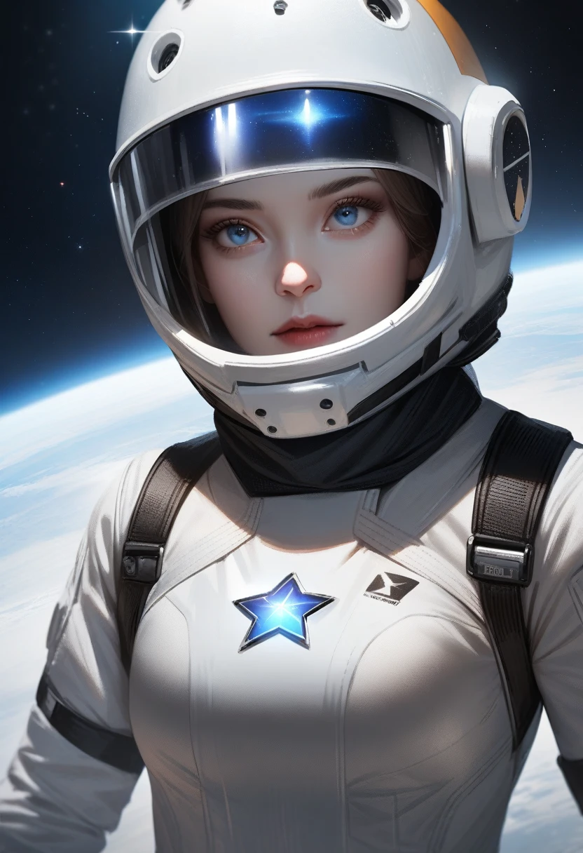 One girl,alone,Full Face Helmets,I can see your face through your helmet ,blue eyes,Hairless,No Face,White bodysuit,Combat Uniform、Cowboy Shot,In space,Touch Star,Realistic style,sf,Very detailed,Sharp focus,beautiful,(Highest quality)