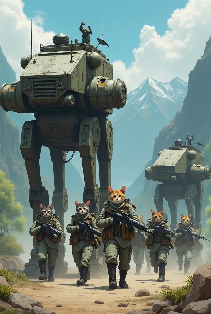 Create a cat that walks on two legs and wears a German uniform from World War II and carries an MP40 as a weapon but in anime style and wears a helmet. Now create a squadron of cats that drive a vehicle similar to the AT AT from Star Wars but that has many differences from it and that uses bullets and not lasers.