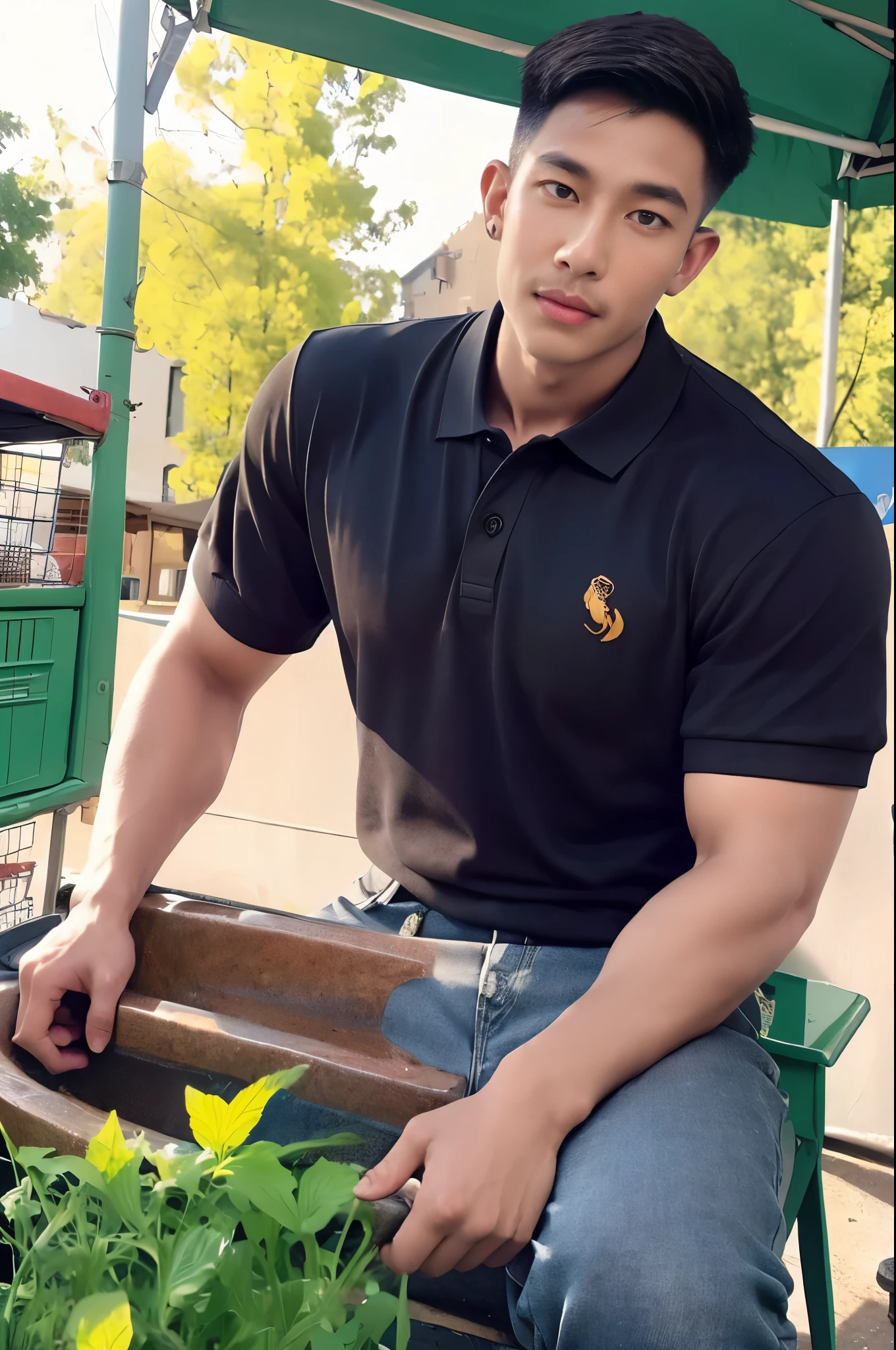 Handsome young man, (have a mustache:1) ,(buzz cut:1.1), (short hair:1.2), The forearms are muscular., (polo shirt:1.5), (black shirt:1.5), Jeans, Big muscles, Handsome and muscular, full body angle, (outdoor market:1.3), natural light