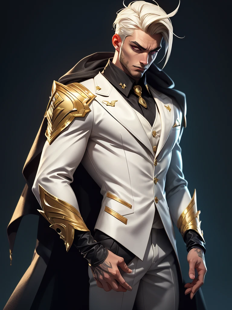 realistic male character, dark, dynamic, suit, white and gold colors
