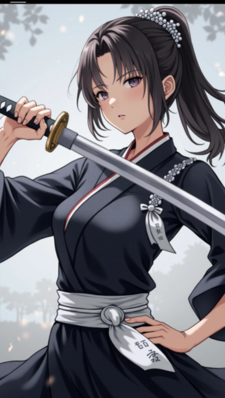 (Japanese sword &reference;Muramasa 2&reference;.2)Beautiful 27 year old woman、Japanese women、Tie your hair back、Hair ornament artist、Shinobi Costume、Warrior、Clear Eyes、{Arm tattoo(SakuraFubuki}&#39;Back Tattoo、Warrior、(Japanese swordを両手で構える、1.3)(Japanese sword1.2)Intermediate position、In front of the body、(Hold the sword horizontally 1.3)、whole body、Long Blade Sword、Realistic battle scenes、敵Warriorの返りBlood、Blood、High resolution、Highest quality、Very detailed、8k、background、The castle is burning、Sparks fly、