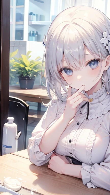 Holding a bottle of cream、Woman applying cream to her face