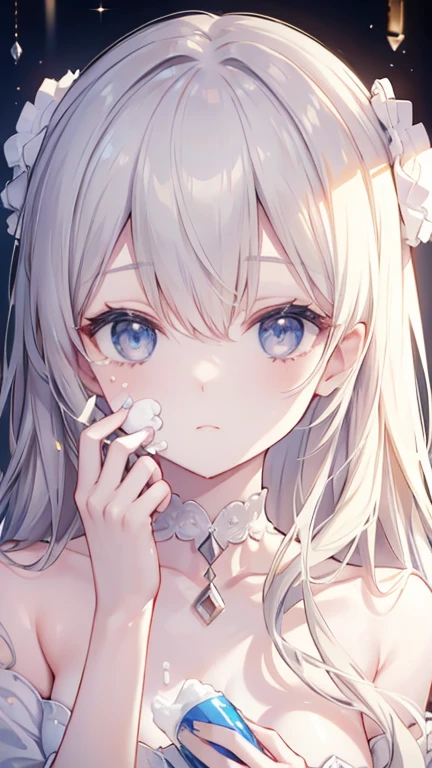 Holding a bottle of cream、Woman applying cream to her face