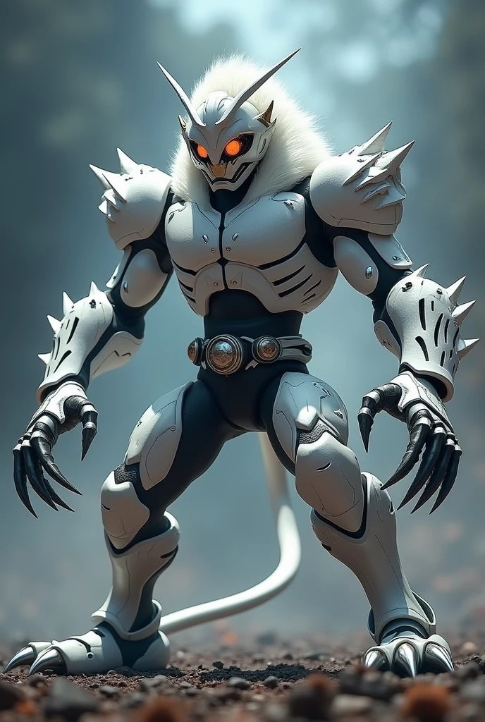 White base, long and sharp claws, lion motif, Kamen Rider, hands forward, legs open pose