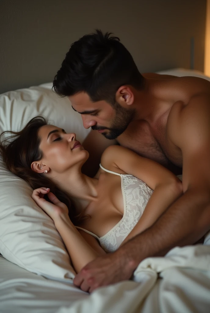 A beautifull lady sleeping on a bed a man fucking her vagine with penis in nude situation