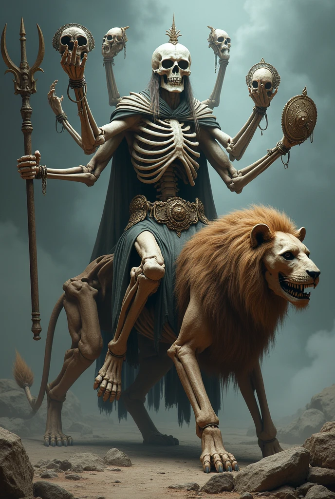 Image of skeleton , with six hands , one hand on head another five hands having mace , trident , shield , skull and  vajra . Sitting on skeleton of lion and wearing tigers skin from downside
