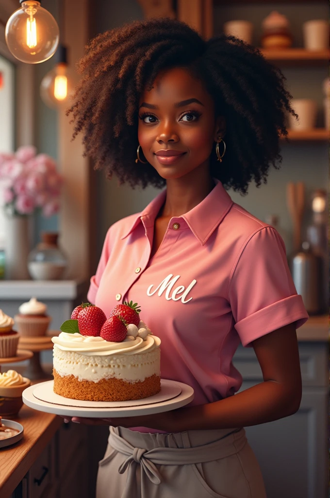 A black skinned woman with curly hair Black black , de olhos puxados  fazendo bolos em pé segurando o bolo camisa rosa com o nome na blusa doce mel  cenário da cozinha confeitaria 🧁 confeitaria 