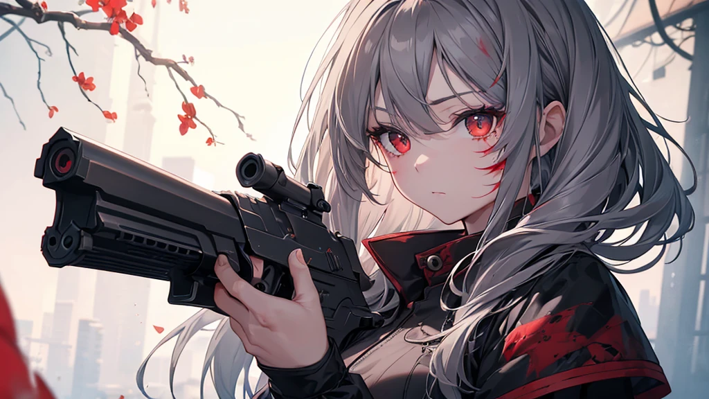 0. Action：Gun Action,Gun sights, ①Quality：(Very detailed:1.3), masterpiece, 8k, Very detailedCG, (1 girl), Perfect hands:1.2), (Perfect Anatomy:1.2), (Beautiful Face: 1.1), Intricate iris detail,Beautiful woman、Handgun、((Upper Body))、((Gray Hair))、(((((gun))))),（Covered in blood）、Clothes full of scratches、((Scarred Face))、Red-black eyes、Detailed eyes、Scorched black clothes、((Detailed hands))、Black gloves、high resolution、Detailed picture、Beautiful painting、Cold look、masterpiece, best quality, detailed beautiful face and eyes,detailed beautiful face,and eyes