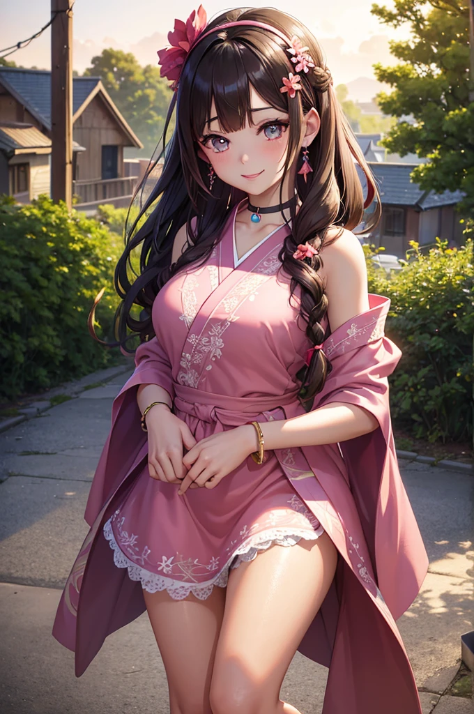 A beautiful girl in a pink dress standing in front of a wooden house, anime girl, house in the middle of the forest, short kimono dress, pink flowered dress, bare shoulders, choker with earring, big round breasts, lace stockings, looking at the sunset, brown hair, long bangs, long hair, ponytail, wavy hair, swept bangs, shiny hair, hairclip, hair flower, ribbon, jewelry, aqua eyes, glowing eyes, pupils sparkling, earrings, smile, blush, seductive smile, red lips, high detail, anime, anime style, cinematic lighting, dithering, image fill, multiple views, atmospheric perspective, perspective, Wide-Angle, f/1.8, 85mm, Nikon, 8k, super detail, UHD, retina, masterpiece, accurate, anatomically correct, textured skin, high details, best quality, highres, 16k
