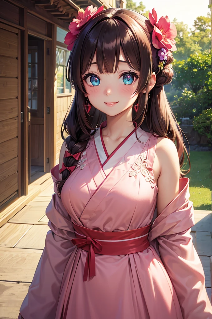 A beautiful girl in a pink dress standing in front of a wooden house, anime girl, house in the middle of the forest, short kimono dress, pink flowered dress, bare shoulders, choker with earring, big round breasts, lace stockings, looking at the sunset, brown hair, long bangs, long hair, ponytail, wavy hair, swept bangs, shiny hair, hairclip, hair flower, ribbon, jewelry, aqua eyes, glowing eyes, pupils sparkling, earrings, smile, blush, seductive smile, red lips, high detail, anime, anime style, cinematic lighting, dithering, image fill, multiple views, atmospheric perspective, perspective, Wide-Angle, f/1.8, 85mm, Nikon, 8k, super detail, UHD, retina, masterpiece, accurate, anatomically correct, textured skin, high details, best quality, highres, 16k