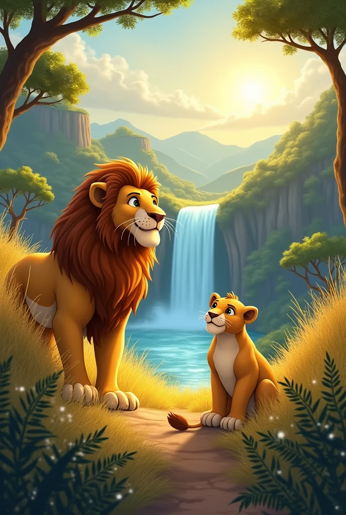 Title: The Roaring Brotherhood

Once upon a time in the vast savannah of Zamboor, there lived two lion brothers named Leo and Lenny. Leo was the elder, strong and majestic, with a thick golden mane that flowed like the sun’s rays. Lenny, the younger brother, was smaller, fluffier, and had a mischievous twinkle in his deep brown eyes. Though they were different in size and strength, they shared an unbreakable bond and an adventurous spirit that made their days in the savannah unforgettable.

One sunny morning, as golden rays spilled across the savannah, Leo and Lenny were lounging under the shade of a baobab tree, dreaming of their next adventure.

“I heard there’s a hidden waterfall at the edge of the Great Valley,” Leo announced, his voice resonating like distant thunder. “They say it sparkles like diamonds in the sunlight!”

Lenny’s eyes lit up. “Let’s go find it! Imagine all the fun we could have splashing in the water!”

Without missing a beat, the brothers set off, their hearts racing with excitement. They climbed over rocky hills, dashed through tall grass, and even made friends with a curious gazelle named Gina who offered them directions.

As they approached the Great Valley, the sounds of rushing water grew louder, filling their ears with delightful anticipation. “We’re almost there!” Lenny shouted, bounding ahead.

Suddenly, Leo stopped dead in his tracks. “Wait, Lenny!” he cautioned. “We need to be careful. There are rumors of a fearsome crocodile lurking near the waterfall.”

“But I want to see it!” Lenny insisted, his excitement bubbling over, making him forget the caution instilled in him by his brother.

“Let’s think this through. How about we sneak around and take a look first?” Leo suggested, using his experience as the older brother to guide Lenny.

They stealthily approached the waterfall, hiding behind large rocks. When they got their first glimpse, their mouths dropped open in awe. The waterfall cascaded down the rocks, showering a pristine pool