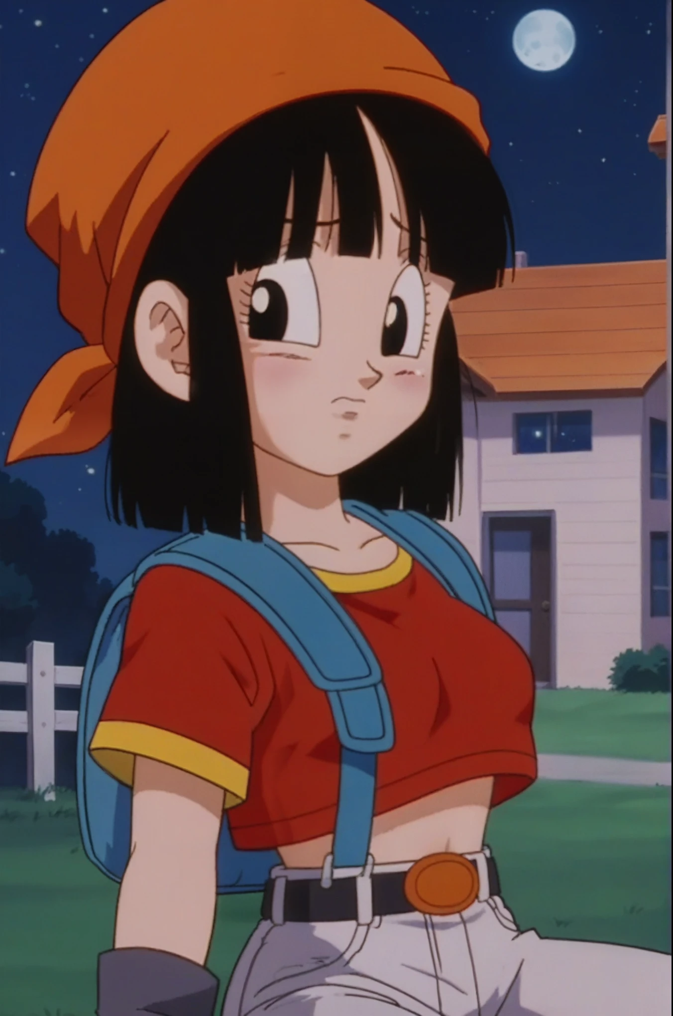 source_anime, score_9, score_8_up, score_7_up, anime screencap,
pangt, 1girl, sad, bangs, closed mouth, melancholic, lost look, blushing, brick town, stars, black hair, field, evening, full moon, moonlight, looking into space, collarbone, whole body, teeth, blunt bangs, outdoors, black eyes, eyelashes, upper teeth only, close-up, red crop top, bandana, retro artstyle, , 1990s \(style\), orange headwear, sitting, medium ass, medium breasts