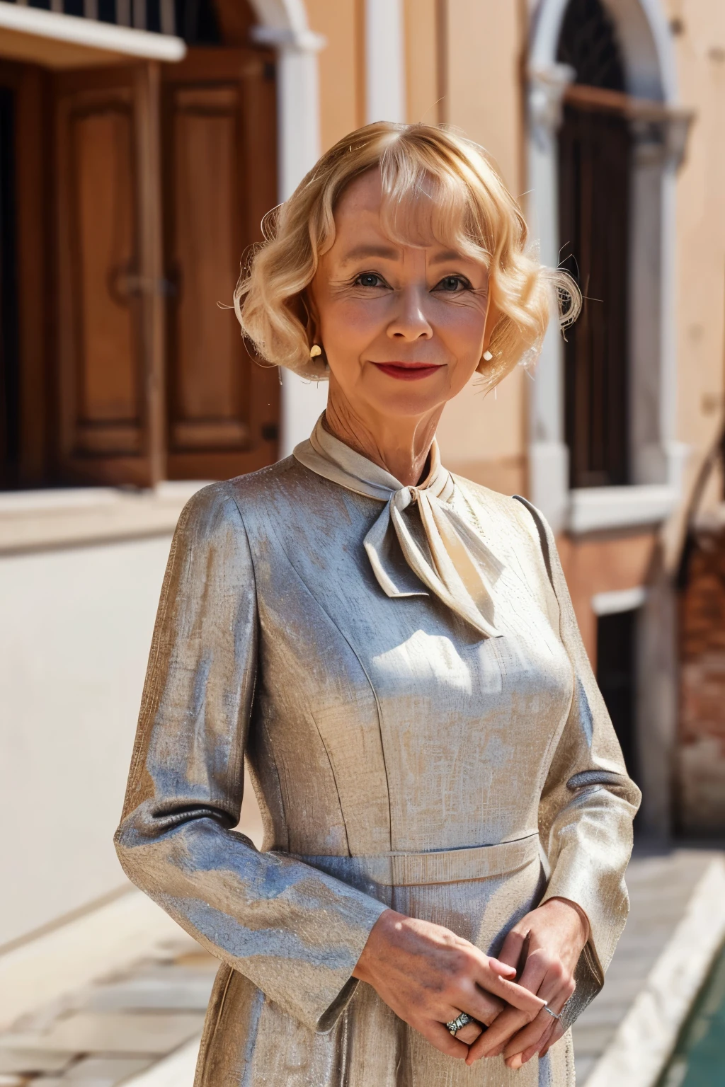 Venice, 2024. A ((((57-year-old)) lindsay duncan)), ((((elegant clothings from the 2020s)))), ((hairstyle of the 2020s))