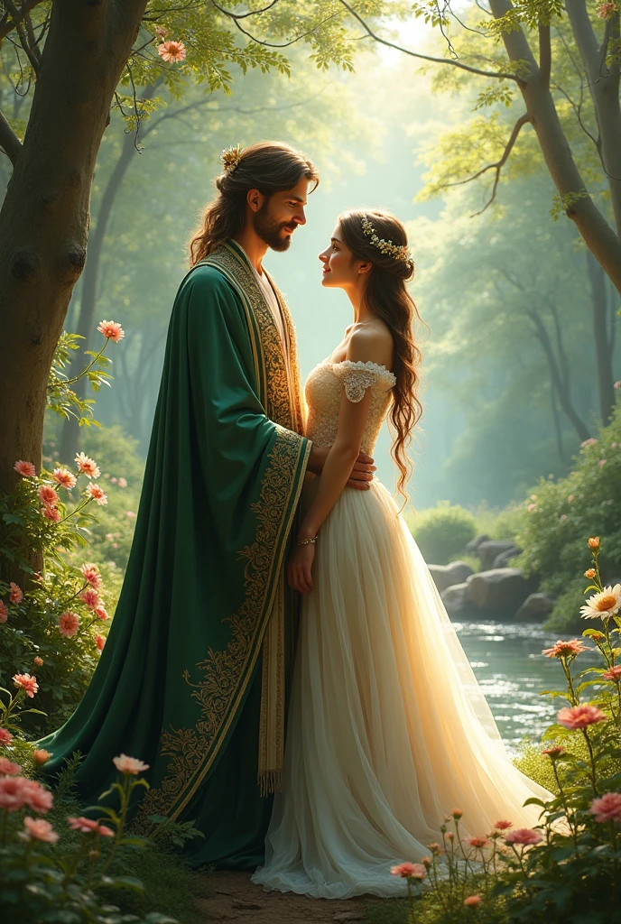 Romantic couple king and queen of nature. Both Looking at front. Playing with nature 