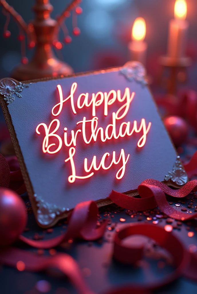 Super realistic image with the text happy birthday Lucy, something allusive to celebration, Sweet, gifts and party atmosphere, innovative and creative, Striking and elegant 