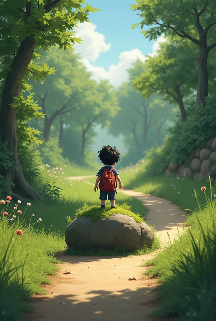A boy walking to school tbrough a path sees a stone blocking the path infront of him so he is unable to walk